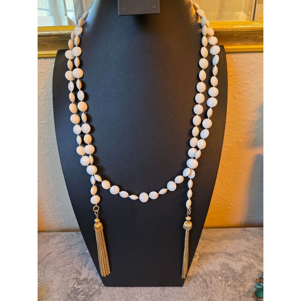 Monet White Beaded Necklace Gold-Tone Tassels 60" Long Opera‎